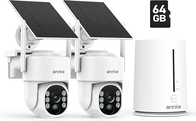 ANNKE 4MP 2K Wireless Security Camera Outdoor, 5MP 2-Cam Kit Solar Surveillance System, PIR Human Detection, 360° Pan&Tilt, Compatible with Alexa, Color Night Vision, No Monthly Fee, 64GB Memory Card