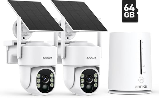 ANNKE 4MP 2K Wireless Security Camera Outdoor, 5MP 2-Cam Kit Solar Surveillance System, PIR Human Detection, 360° Pan&Tilt, Compatible with Alexa, Color Night Vision, No Monthly Fee, 64GB Memory Card
