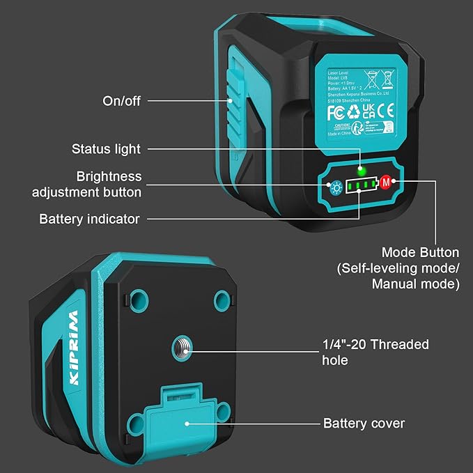 Kiprim Green Laser Level Upgraded LV8 with Enhanced Visibility,Adjustable Brightness,Manual/Self Leveling/Pulse Mode,Batteries and Carrying Pouch Included