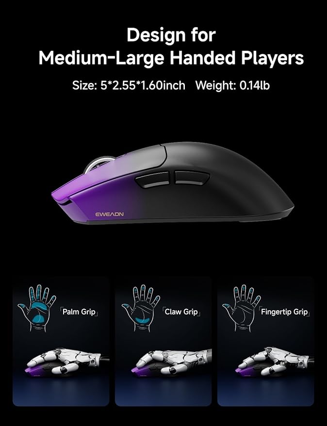 S9 Pro Wireless Gaming Mouse, 59G Ergonomic Computer Mouse, Triple Modes, 8K Polling, 26K DPI, PAW3395 Optical Sensor, Kailh Switch, 250h Battery Life, Programmable for PC/Win/Mac(Purple)