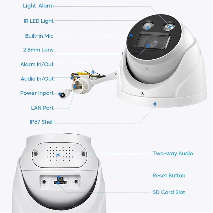 UltraHD 8MP Outdoor IP POE Camera, DMSS APP, 4K @30fps, TiOC Active Deterrent, 98ft Dual IR Color Vision F1.0, Indoor Network Camera, SMD4.0, 2-Way Audio, Vehicle & Human Detection, IVS, IP67, AI SSA