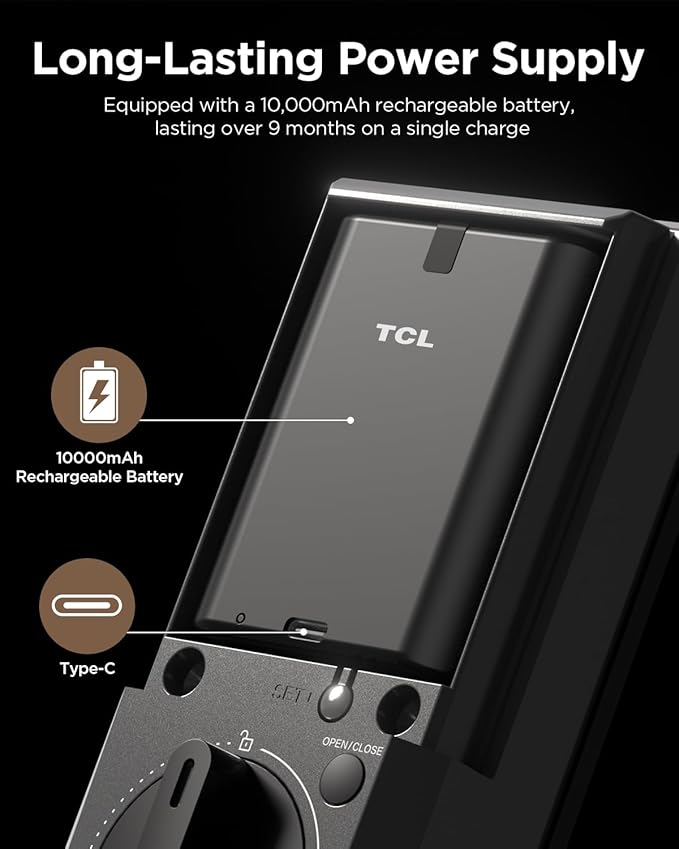 TCL D2 Pro Smart Lock with Palm Vein Recognition, Wi-Fi Keyless Entry Deadbolt Door Lock, Built-in Doorbell, IP55 Waterproof, 10000mAh Rechargeable Battery, Auto Lock for Front Door (Dark Grey)