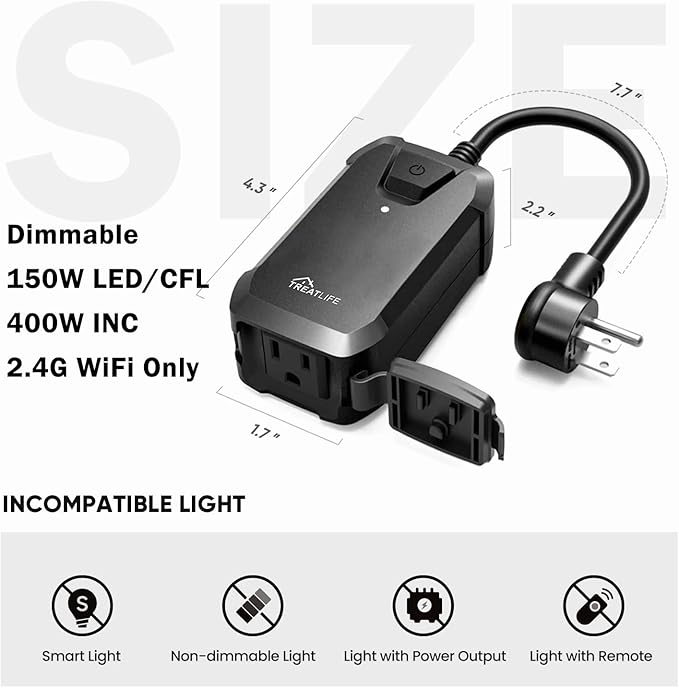 TREATLIFE Smart Dimmer Plug Outdoor Smart Plug Works with Alexa and Google Home, Light Dimmer APP Remote Control, Max Power 400W, IP44 for Dimmable Outdoor String Lights, Floor Lamp, Table Lamp