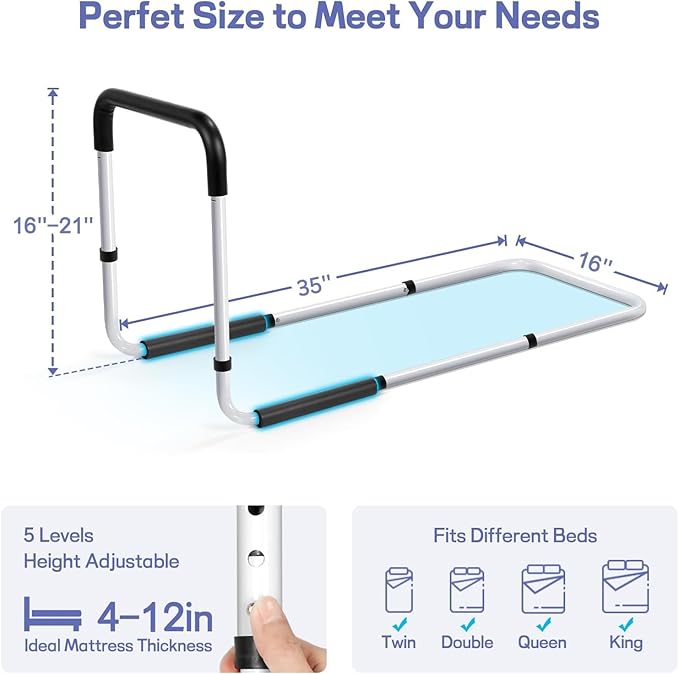 TABEKE Bed Rails for Elderly Adults Safety, Adjustable Senior Bed Assist Rail with Non-Slip Handle and Double Side Storage Pocket Fits King, Queen, Full, Twin Bed