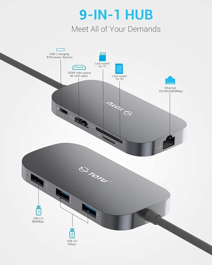 USB C Hub, 9-in-1 Type C Hub with Ethernet Port, 4K USB C to HDMI, 2 USB 3.0 Ports,1 USB 2.0 Port, USB-C Power Delivery, Portable for Mac Pro and Other Type C Laptops