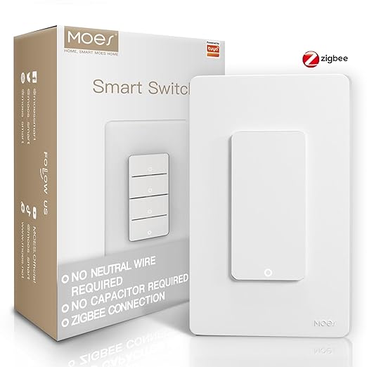 MOES Zigbee Smart Switches, No Neutral Wire, Require MOES Zigbee Hub Inteligente Single Pole Light Switch, Compatible with Alexa Google Assistant, Support Tuya Smart Life