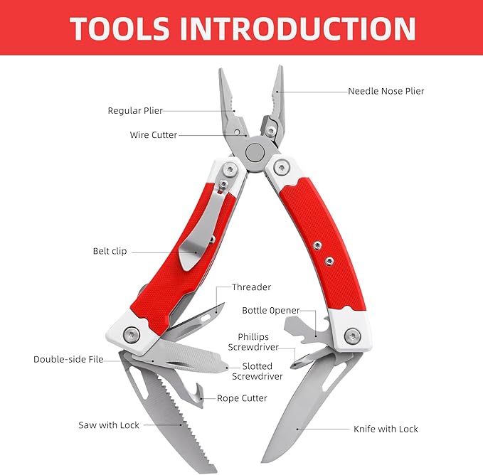 HANSHI G10 Handle Multitool Pliers with YG10 Tungsten Steel Replaceable Wire Cutters 12 in 1 Multi Tool Pocket Knife with Safety Lock,Saw,Bottel Opener for Camping,Survival with Nylon Sheath (red)