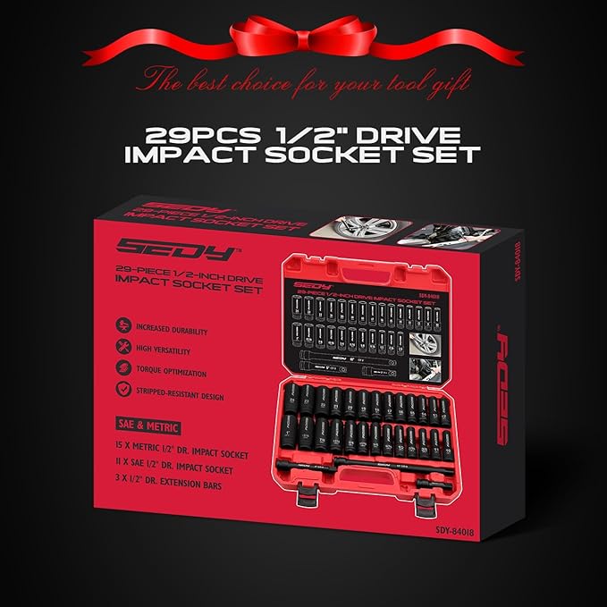 29-Piece 1/2" Drive Impact Socket Set, SAE (3/8 to 1 inch) and Metric (10-24mm) Sizes with Extension Bars Standard Deep Socket Set CR-V Material High Durability Impact Wrench
