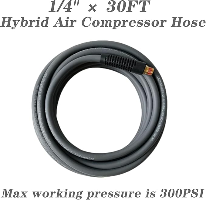 Air Hose 1/4 in x 30 ft, Hybrid Air Compressor Hose Kit with 1/4 in NPT Male Threads, 13 Piece Air Tool & Air Compressor Accessories Kit, Bend Restrictors, 300 PSI (Grey, 30FT-13 Pieces)