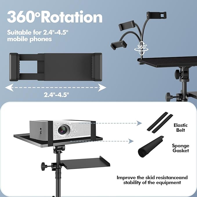Projector Stand Tripod Laptop Tripod on Wheels with 2 Shelves, Adjustable Height 26 to 49 Inch Portable Podium Stand with Gooseneck Phone Holder for Office, School, Home, DJ Racks