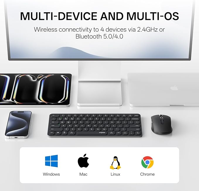 Rapoo 9050S Multi-Device Keyboard and Mouse Combo, 2.4GHz/Bluetooth 5.0/4.0 Wireless Keyboard & Mouse Set for Windows/Mac/Linux/Chrome, Support 4 Devices, Rechargeable, Silent Click, Black
