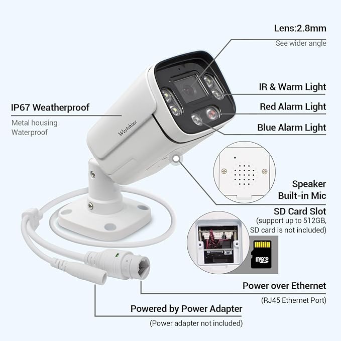 5MP PoE IP Bullet Security Camera,Full Color Night Vision,Human Detection,2.8mm Wide Angle,Built-in Mic for Two-Way Audio,SD Card Slot,Outdoor IP67 CCTV Camera in Metal Housing (SD Card Not Included)