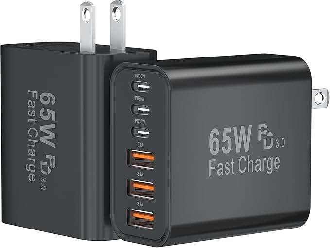 USB C Fast Charger Block, 65W GaN 6 Port USB C Wall Charger 30W Type C Charging Blocks, 3USB C+3USB A PPS/PD 3.0 Multiport Charging Cube for iPhone 16 15 14 13 Pro Max,for Galaxy S25 S24,2 Pack,Black
