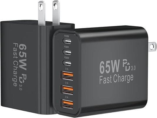 USB C Fast Charger Block, 65W GaN 6 Port USB C Wall Charger 30W Type C Charging Blocks, 3USB C+3USB A PPS/PD 3.0 Multiport Charging Cube for iPhone 16 15 14 13 Pro Max,for Galaxy S25 S24,2 Pack,Black