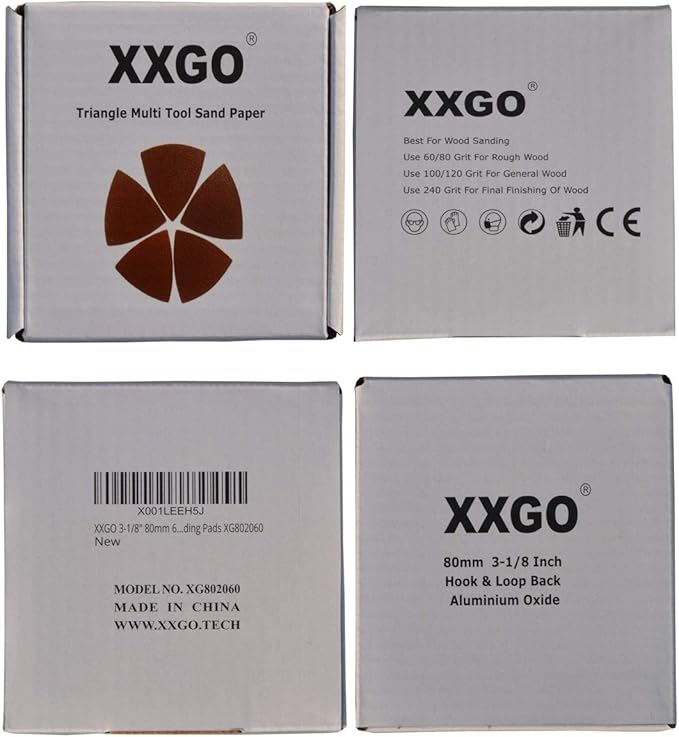 XXGO 3-1/8" 80mm 60 Pcs 60 Grits Triangular Hook & Loop Abrasive Multi Tool Sandpaper for Wood Sanding Fit 3-1/8 Inch Oscillating Multi Tool Sanding Pads XG802060