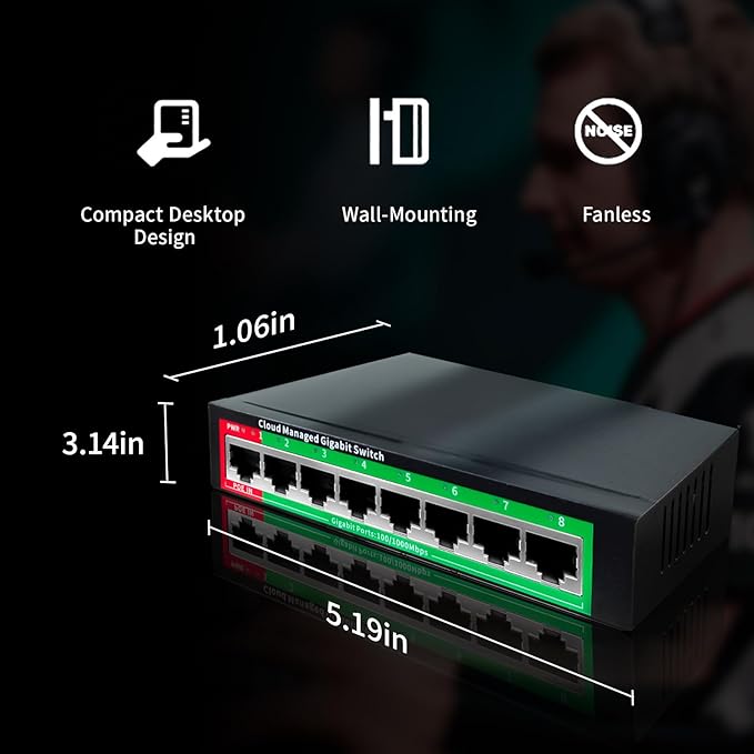 STEAMEMO 8-Port Gigabit Ethernet Switch | Smart Managed with VLAN & QoS | Plug & Play Desktop/Wall-Mount Network Hub w/ PoE in Design | Metal Housing & Web Managed(Includes Power Adapter)
