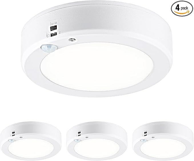 LIT-PaTH Battery Operated Motion Sensor LED Ceiling Light, 5000K 6.1inch 140 Lumens Battery Powered Wireless Motion Ceiling Light for Hallway Laundry Stair Pantry,4-Pack (Battery Not Included)
