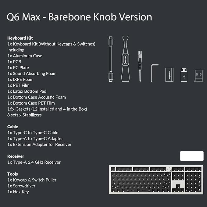 Keychron Q6 Max QMK/VIA Wireless Custom Mechanical Keyboard Barebone Knob Version, Full-Metal Hot-Swappable RGB Backlight 2.4 GHz/Bluetooth/Type-C Wired Gaming Keyboard for Mac/Windows/Linux - White