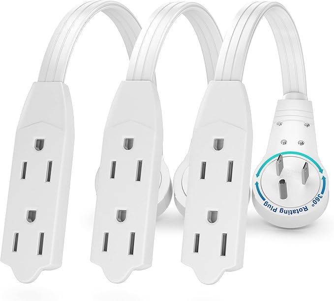 Maximm Cable 0.5 Ft 360° Rotating Flat Plug Extension Cord/Wire, 16/3 AWG Multi 3 Outlet 3-Prong Grounded Wire- White - 3 Pack - UL Certified