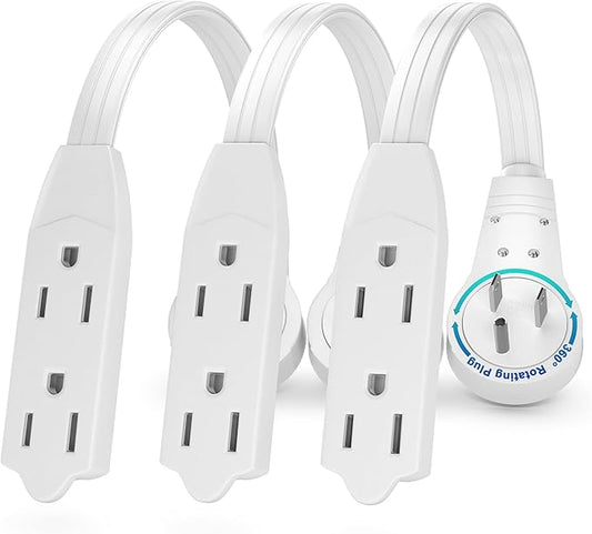 Maximm Cable 0.5 Ft 360° Rotating Flat Plug Extension Cord/Wire, 16/3 AWG Multi 3 Outlet 3-Prong Grounded Wire- White - 3 Pack - UL Certified