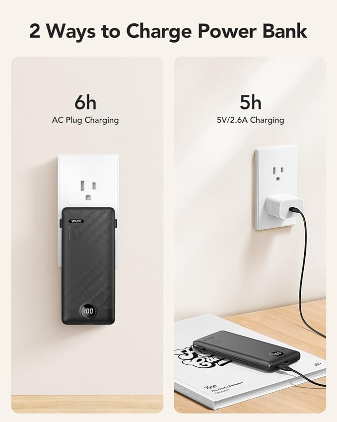 VRURC Portable Charger Built-in Cables and AC Wall Plug, USB C Power Bank 10000mAh, Travel Essentials Phone Charger Compact Lightweight External Battery Pack for Smart Phones, Tablets-Pure Black