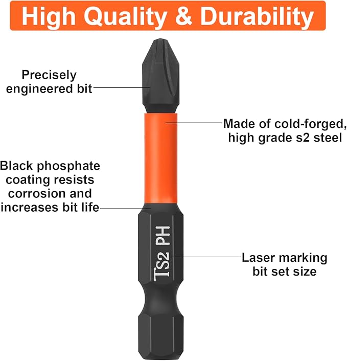 Pro PH2 Screwdriver Bit Set - Phillips Screwdriver 10 pieces, 50mm length, 1/4" hex shank bit assortment, with Storage Box