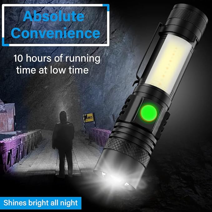 USB Rechargeable Flashlight, LED Magnetic Flashlights Super Bright Tactical Flashlights with Cob Sidelight Waterproof Zoomable 6 Modes USB Rechargeable for Camping Emergency