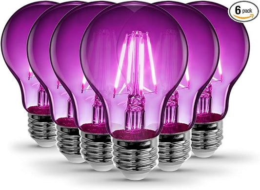 Feit Electric A19/TP/LED/6 25W Equivalent Dimmable Clear Glass Filament Colored LED Light Bulbs, Purple, 6-Pack, 2.3" D x 4"