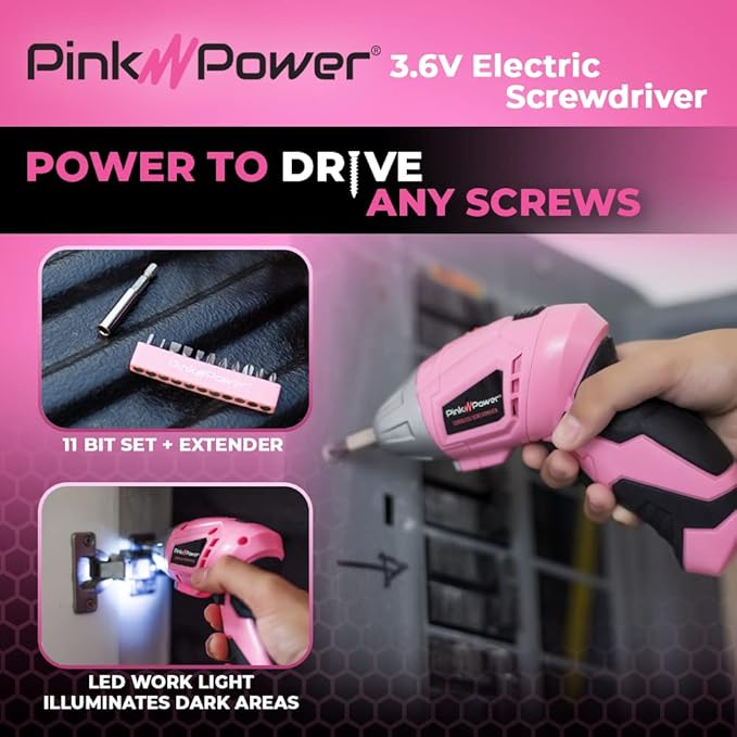 Pink Power 3.6 Volt Electric Screwdriver Cordless Rechargeable Screw Gun & Bit Set for Women - Cordless Screwdriver LED light, Battery Indicator and Pivoting Head - Small Power Screwdriver