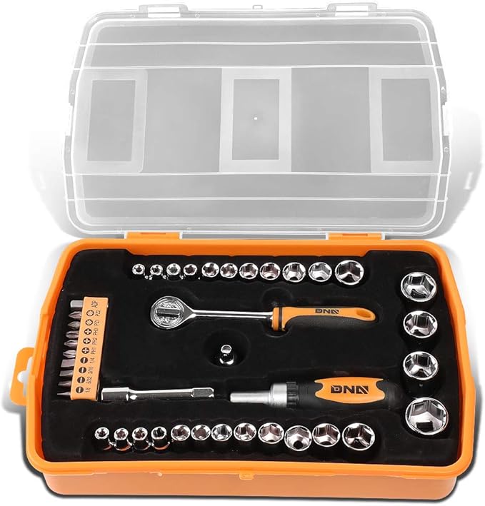 DNA MOTORING Home Repair Tool Set, Magnetic Screwdriver Socket Set, Ratchet Screwdriver Tools Set for Mechanics and DIY, w/Storage Box, Orange, TOOLS-00037