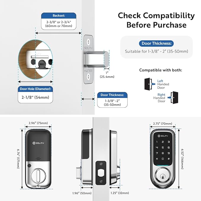 Solity No-Hub Smart Digital Door Lock, Designed in Korea, Keyless Entry, Wi-Fi, Remote Control, Touchscreen Keypad, Auto Lock, IP54 Waterproof GT10K Keypad (Satin Nickel)