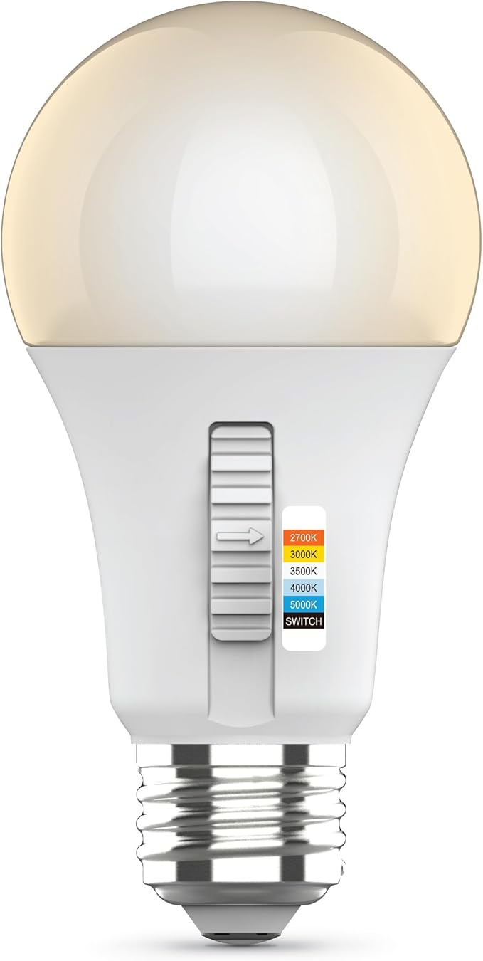 Feit Electric A19 LED Light Bulb, 60W Equivalent, Dimmable, Color Selectable 6-Way, 5CCT, E26 Medium Base, 90 CRI, 800 Lumens, 22-Year Lifetime, Damp Rated Lightbulb OM60DM/6WYCA/2, 2 Bulbs