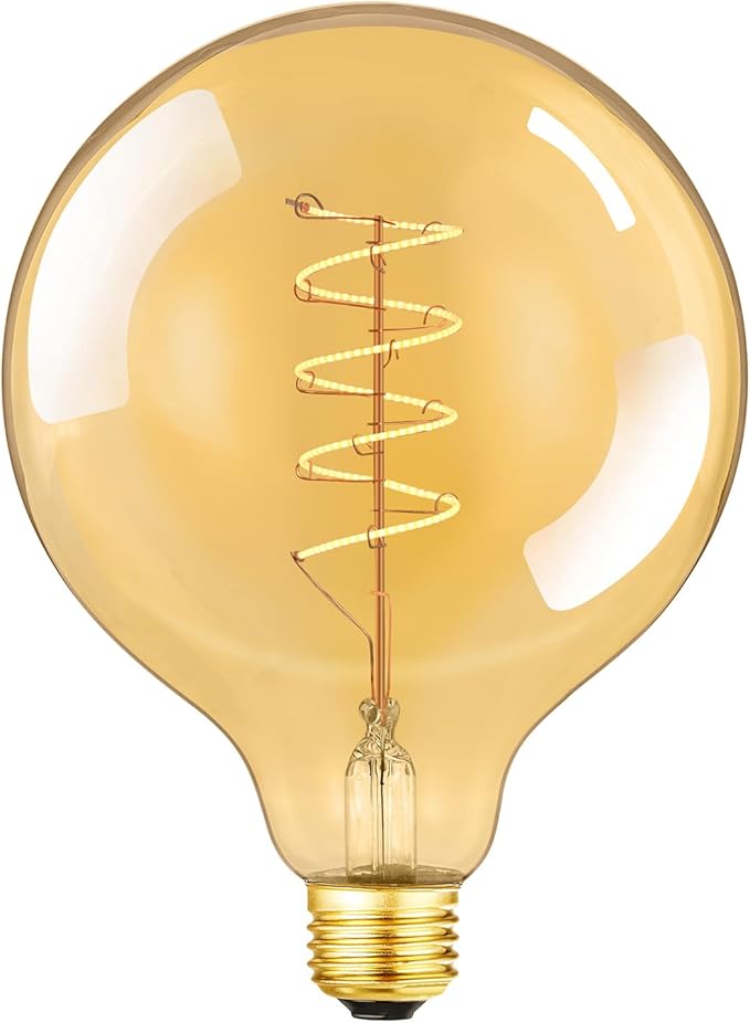 Leools Vintage LED Spiral Filament Bulb G125 Dimmable Flick-Free 6W CRI95 LED Edison Globe Light Bulb E26 Base,Amber Glass,Warm White,2200K, 500LM(60W Equivalent), Pack of 1