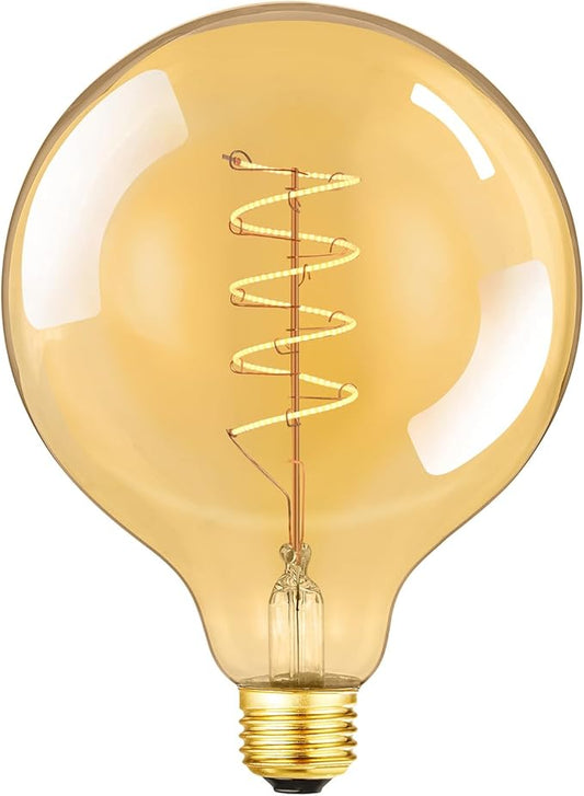 Leools Vintage LED Spiral Filament Bulb G125 Dimmable Flick-Free 6W CRI95 LED Edison Globe Light Bulb E26 Base,Amber Glass,Warm White,2200K, 500LM(60W Equivalent), Pack of 1