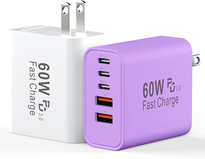 USB C Fast Charger Block, 60W 5-Port USB C Wall Charging Blocks, Type C Chargers Fast Charging Brick, 3USB C+2USB A PD&QC3.0 Multiport Charger Plug for Phone 16/15/14/13 Pro Max, White+Purple