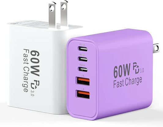 USB C Fast Charger Block, 60W 5-Port USB C Wall Charging Blocks, Type C Chargers Fast Charging Brick, 3USB C+2USB A PD&QC3.0 Multiport Charger Plug for Phone 16/15/14/13 Pro Max, White+Purple