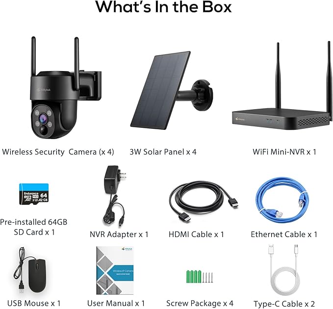 Kittyhok Black Solar Security Cameras Wireless Outdoor System, 5G/2.4G WiFi, 4pcs 2K Ultra Pan/Tilt Home Solar Security Camera with Human Detection, Spotlight, 10CH WiFi-6 NVR, 60 Days Local Storage