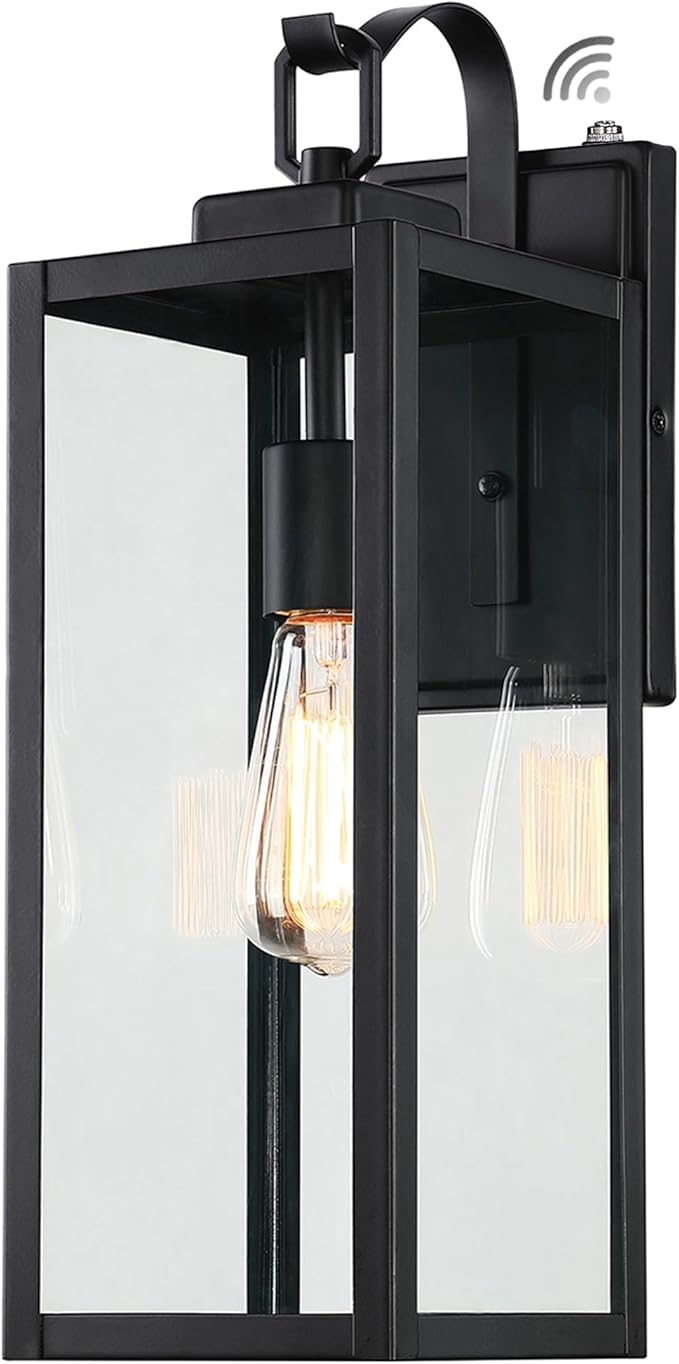 Pia Ricco Large Size Outdoor Wall Lights, Dusk to Dawn Matte Black Exterior Light Fixture with Clear Glass Shade, Waterproof Front Porch Lighting, Modern Sconces Lantern for House, Garage, ETL Listed