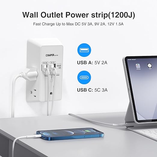 Outlet Extender, USB Wall Charger Surge Protector,5 Outlet Extender with 4 USB Charging Ports (5V 5A),3-Sided 1200J Power Strip Multi Plug Adapter for Home Travel,ETL Listed
