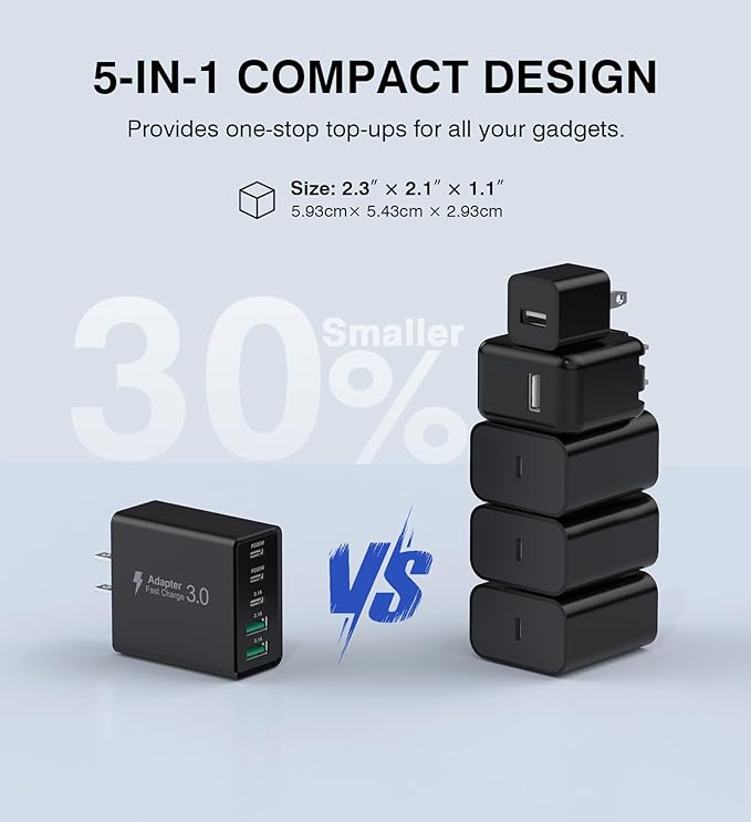 [2-Pack] USB C Wall Charger, 50W Type C Charger Block 5-Port Fast Charging Blocks,3USB C+2USB A Multiport Plug,PD Power Adapter Brick Cube for iPhone 16/15/14/13/12/Pro,iPad,Samsung,for Switch（Black）