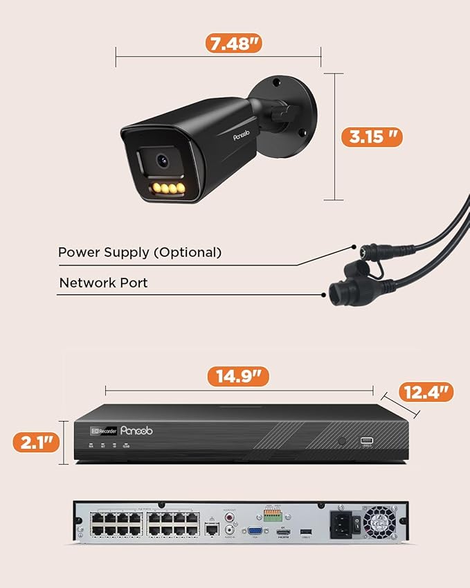 16 Channel Security Camera System, 16CH NVR with 4TB HDD, 12PCS 5MP PoE Commercial IP Camera, Smart Color Night Vision, 2 Way Audio, AI Human Vehicle Detection, Remote Access, PB65B1216-5MD