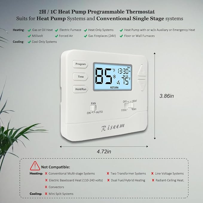 Thermostat for Heat Pump,Programmable Thermostat for House,Single-Stage Systems,2 Heat/1 Cool Heat Pump Or 1 Heat/1 Cool,Easy DIY Install,White Backlight