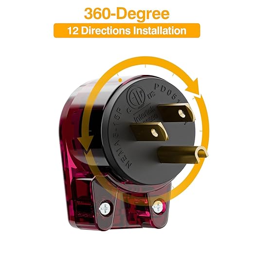 Nema 5-15P Plug, 90 Degree Right Angle Plug 15A 125V Angled Plug, Nema 5-15P DIY AC Plug,USA 3-Prong Household Right Angle AC Plug, Red Color ETL Verified, Red
