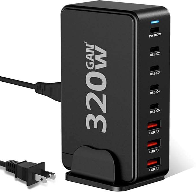 USB C Desktop Charger, 320W 8-Port GaN III Fast Charging Station Hub 100W PD Laptop Charger with 5-Foot Cable for MacBook Pro/Air, Dell XPS, iPhone 15/14, Galaxy S23, iPad Pro/Air