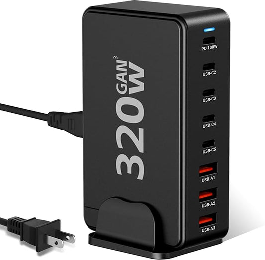 USB C Desktop Charger, 320W 8-Port GaN III Fast Charging Station Hub 100W PD Laptop Charger with 5-Foot Cable for MacBook Pro/Air, Dell XPS, iPhone 15/14, Galaxy S23, iPad Pro/Air