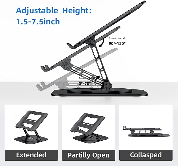 Laptop Stand for Desk, Ergonomic Laptop Riser with 360° Rotating Base, Foldable Notebook Computer Holder Stand Compatible with MacBook Air Pro, Dell XPS, More 10-17" Laptops, Black