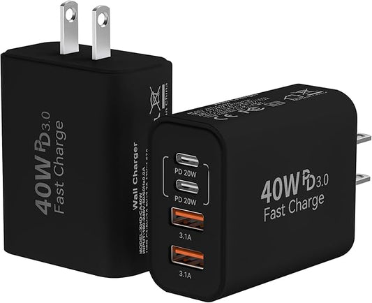 USB C Wall Fast Charger Block, 40W 4-Port Type C Chargers Fast Charging Blocks PD Power Charger Adapter+QC 3.0 USB Multiport Charger Brick for Phone 17/16/15/14/13/12 Pro Max, i-Pad, Galaxy S25-2Pack