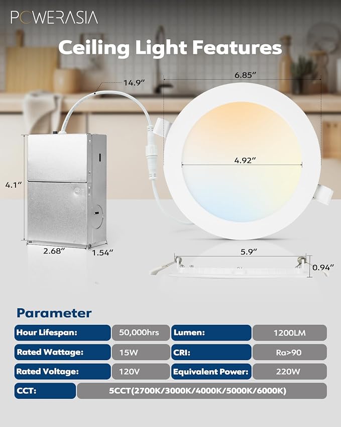 20 Pack 6 Inch LED Recessed Lighting with Junction Box, 5CCT 2700K/3000K/4000K/5000K/6000K Selectable, 15W 1200lm Ultra-Thin Recessed Downlight-ETL and Energy Star Certified