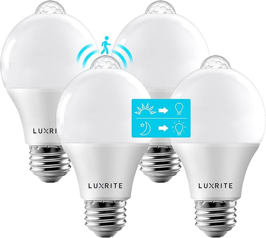 LUXRITE A19 LED Motion Sensor Light Bulbs, 60W Equivalent, Motion Activated Dusk to Dawn Sensor, 3000K Soft White, 800 Lumens, Security Light Bulb, Indoor/Outdoor, UL Listed, E26 Base (4 Pack)