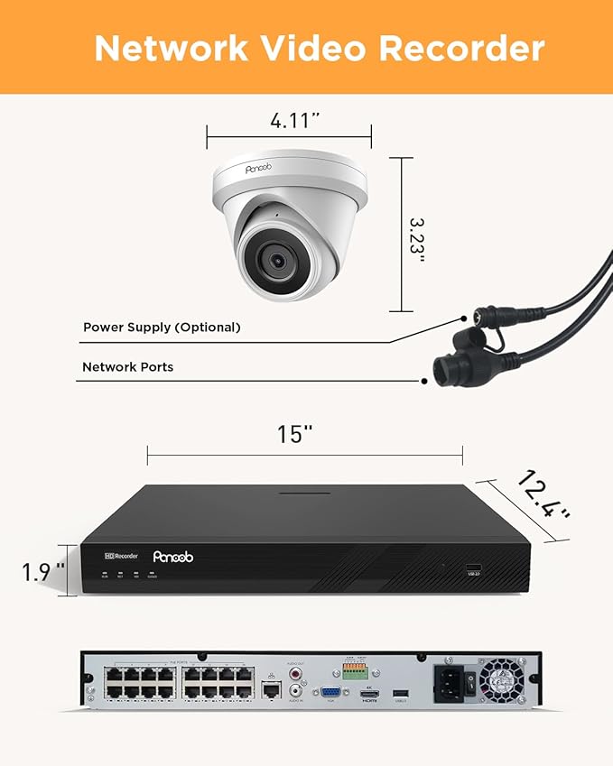 16 Channel Security Camera System, 12x 5MP Wired IP Turret Dome PoE Camera Outdoor, AI Human Detection, Built-in Mic, Remote Access, 4K 16 Channel NVR 4TB HDD for 24-7 Recording, PD93A1216-5M